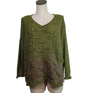 Umgee Sweater Green Chunky Knit Lace Overlay Detail Pullover Womens Large
